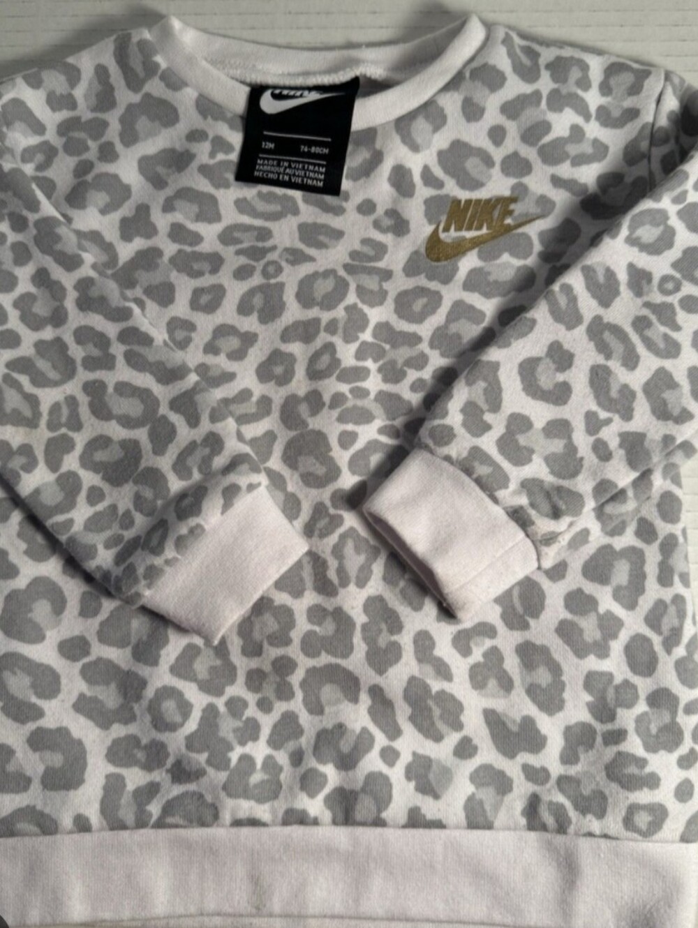 Nike Kids White and Gray Leopard Print Sweatshirt with Gold Logo